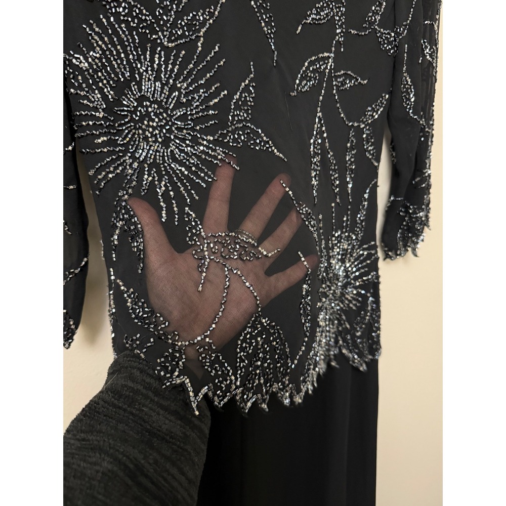 J Kara Black Beaded Floral Chiffon Gown 3/4 Sleeve Formal Evening Dress 8P NWT - Picture 8 of 13
